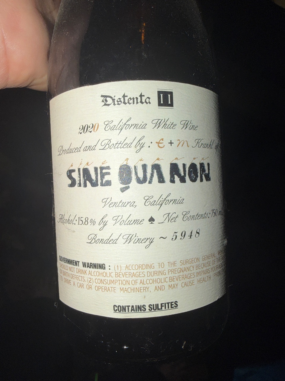 Sine Qua Non Distenta II bottle label