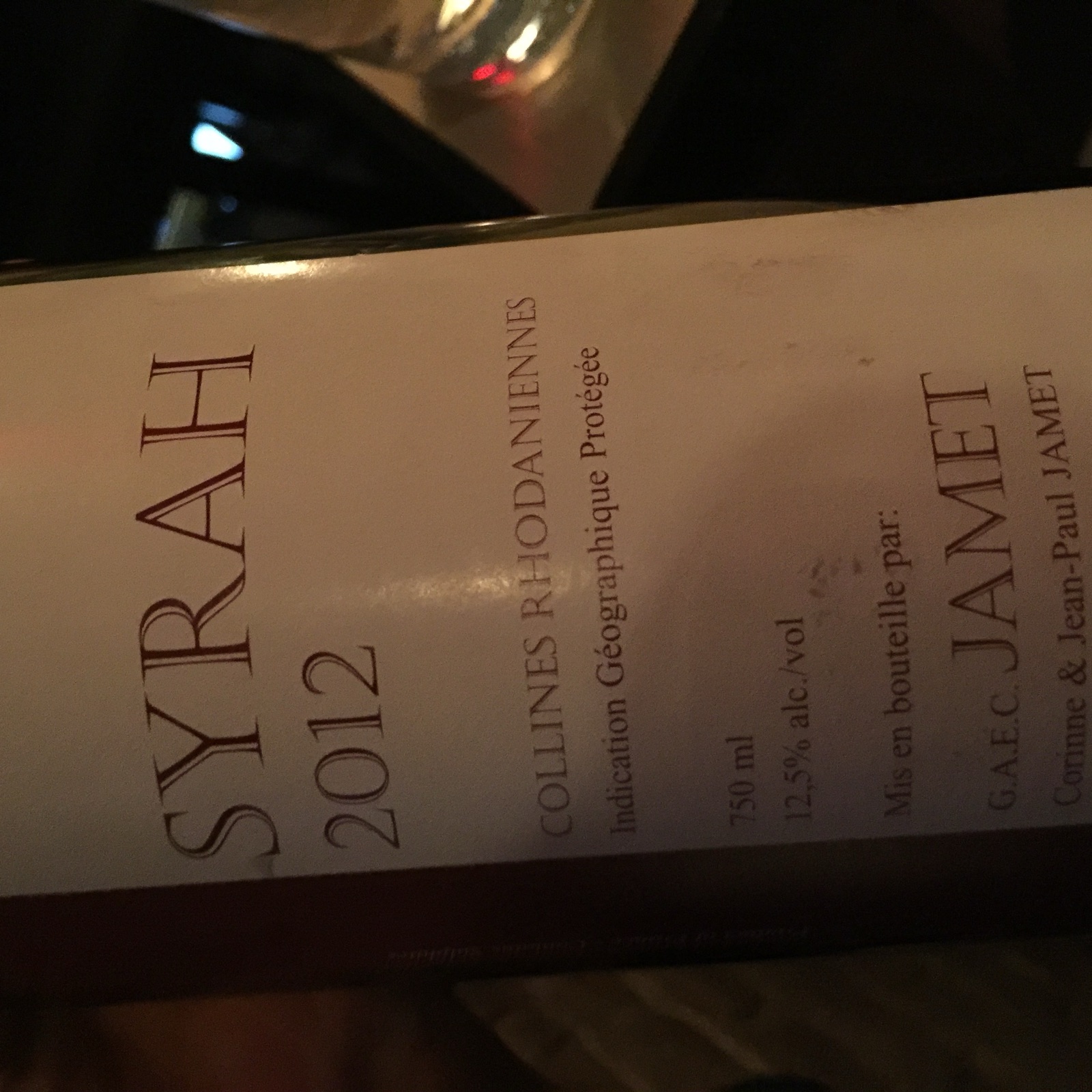 Domaine Jamet Syrah Collines Rhodaniennes bottle